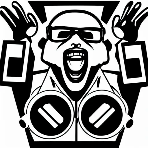 Image similar to svg vector sticker of absolutely insane-mad-scientist-villain, rocking out, wearing headphones, huge speakers, dancing, rave, DJ, spinning records, digital art, amazing composition, rule-of-thirds, award-winning, trending on artstation, featured on deviantart