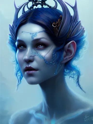 Image similar to the elven queen with blue skin by james jean, charlie bowater, tom bagshaw, nikolay makovsky : : enchanting, ethereal, magical, portrait, character design, illustration, hyperrealism, photorealism, digital art, concept art, fantasy, whimsy, weta, wlop, artstation