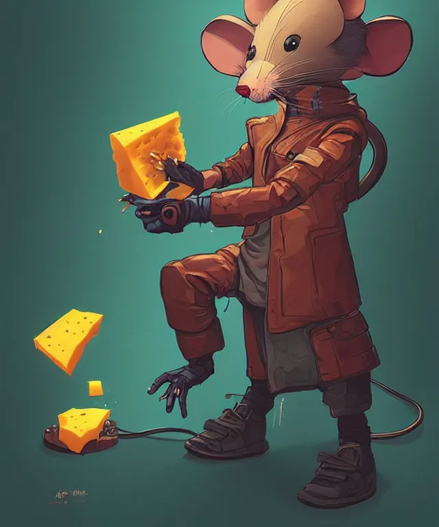 Prompt: a portrait of an anthropomorphic cyberpunk mouse holding a cheese, cyberpunk!, fantasy, elegant, digital painting, artstation, concept art, matte, sharp focus, illustration, art by josan gonzalez