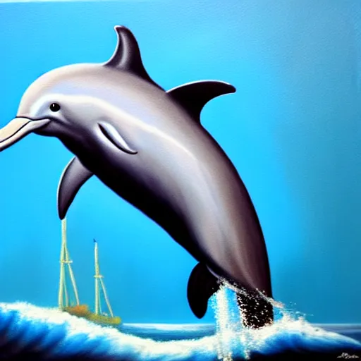 Image similar to detailed oil painting of a dolphin wearing clothes