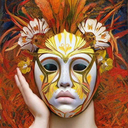 Prompt: masterpiece painting of a facemask made of stylized flowers, by annie swynnerton and jean delville and tino rodriguez and john watkiss, flower mask, art deco shaman, symbolist, dramatic lighting, god rays, elaborate geometric ornament, photorealism, modern realism, clean crisp graphics, soft cool colors, smooth, sharp focus, extremely detailed