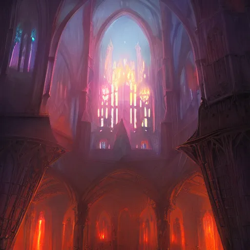 Prompt: infeior Gothic architecture,concept art, digital painting, style of jordan grimmer, warm lighting, futuristic, volumetric lighting, view from below, vivid colours, bright, nighttime, godrays, high detail,-H 1024