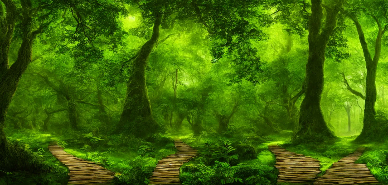 Image similar to a wooden path in the middle of a lush green forest, a detailed matte painting by john eyre, shutterstock contest winner, magical realism, enchanting, matte painting, mystical