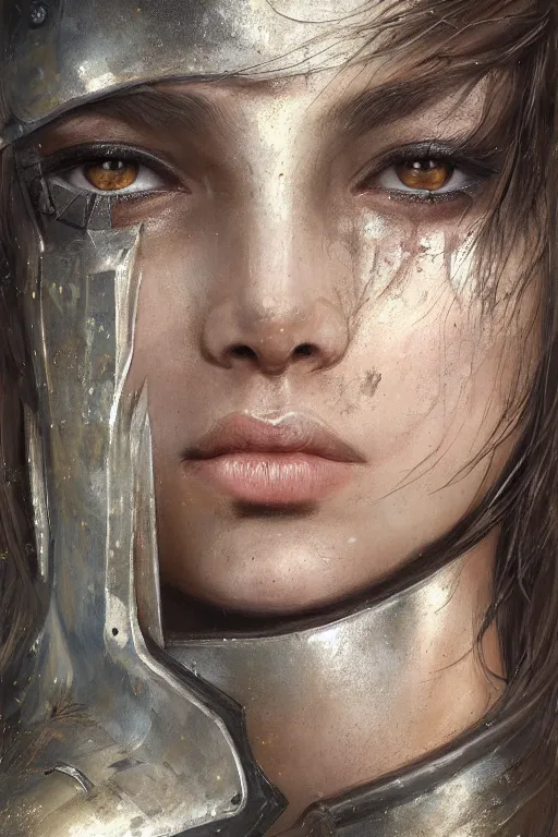 Image similar to a photorealistic painting of an attractive young girl, partially clothed in battle armor, olive skin, long dark hair, beautiful bone structure, perfect eyes, symmetrical facial features, intricate, elegant, digital painting, concept art, illustration, sharp focus, minimal artifacts, 8k, from Metal Gear, in the style of Ruan Jia and Mandy Jurgens, by Greg Rutkowski, trending on Artstation, award winning