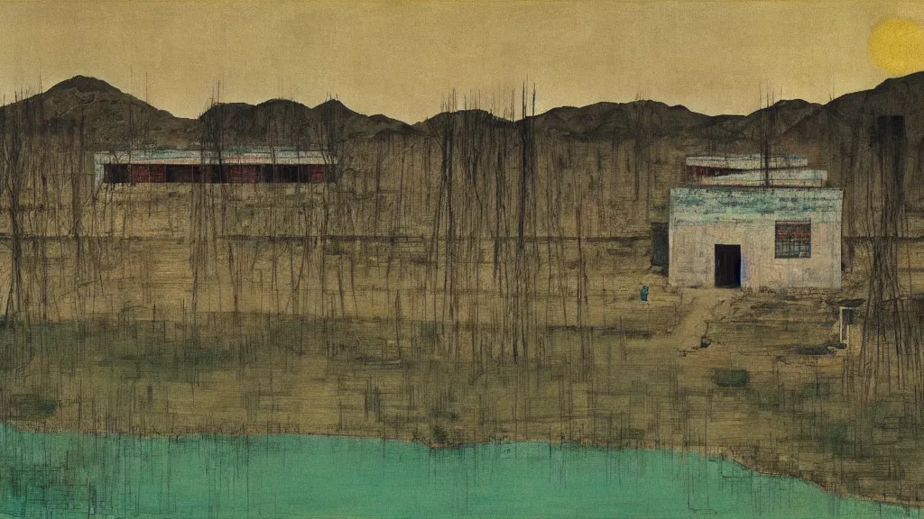 Image similar to a chinese prison near a river by peter doig, muted colors