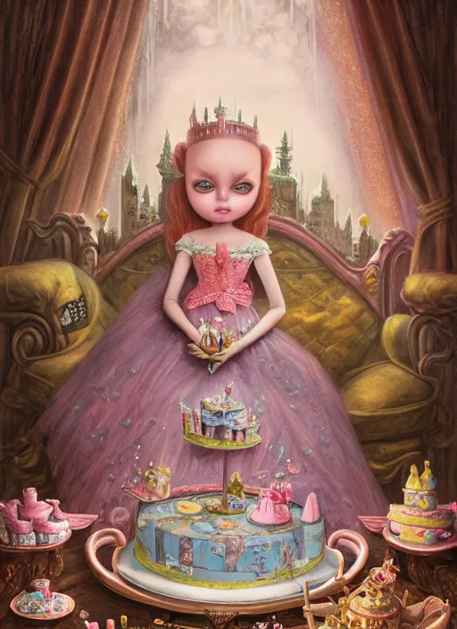 Image similar to highly detailed closeup portrait of a fairytale princess's favorite robot eating cakes in the castle, nicoletta ceccoli, mark ryden, lostfish, earl nore, hyung tae, frank frazetta, global illumination, god rays, detailed and intricate environment