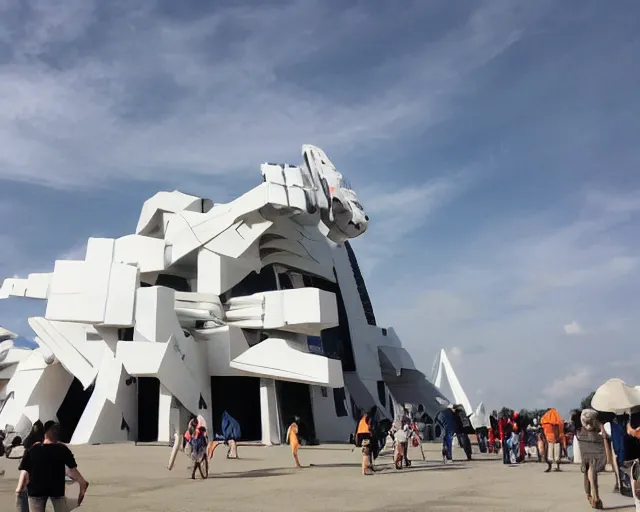 Prompt: photo of minimalist abstract cubist sculpture of curvy mecha mayan temple spaceship, covered with few large white airplane parts, gigantic size with people visiting