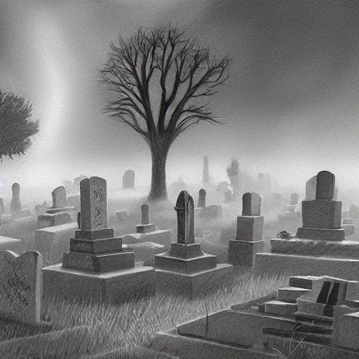 Image similar to an endless eerie graveyard with ancient tombstones, misty, strands of fog, catacomb in background, frame is flanked by dark trees, creepy, night, finely detailed black and white pencil drawing