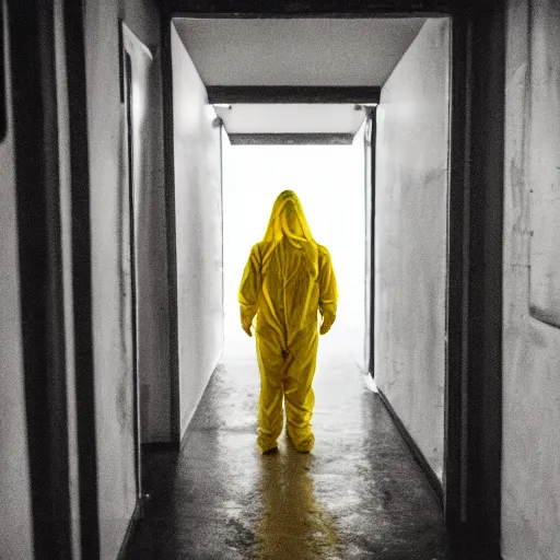 Image similar to a man wearing a yellow hazmat suit inside the very dark empty unsettling creepy backrooms, liminal space, flickering fluorescent lights, eerie mood