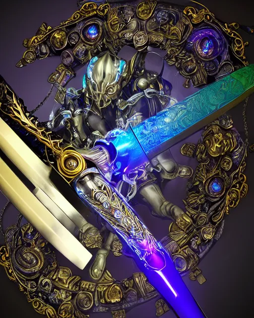 Prompt: legendary glowing sword of cybernetic technology on a table, digital award winning artwork, intimate, intricate, long sharp black and iridescent blade, ornate spikes, colorful hilt, vivid detailed realistic, raytraced blade, colored gems, golden pommel, by yoshitaka amano and deviantart