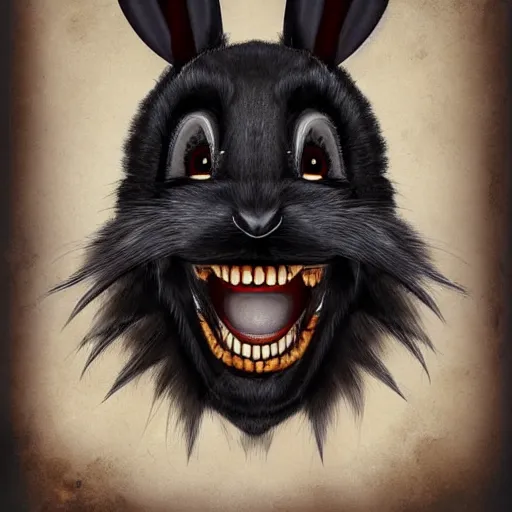 Image similar to A extremely highly detailed majestic hi-res beautiful, highly detailed head and shoulders portrait of a scary terrifying, horrifying, creepy black cartoon rabbit with scary big eyes, earing a shirt laughing, let's be friends, in the style of Walt Disney