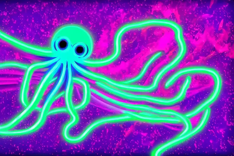 Image similar to digital art of a neon purple octopus floating in space by flooko, neon outline, sharp lines, blurry background (arcylic), ((synthwave)),