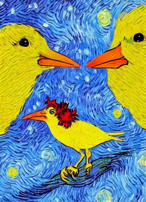 Prompt: an elegant yellow bird wearing a crown and a red bow tie in the style of vincent van gogh, purple background, post-impressionism, high quality, detailed, 4k