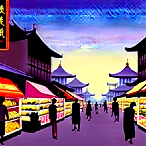 Image similar to an immaculate digital matte painting placid asian street market scene at dusk.