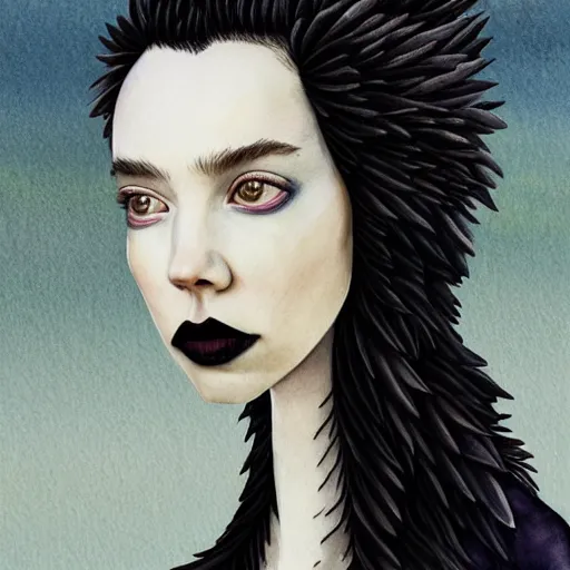 Image similar to full body detailed watercolor illustration of alien anya taylor - joy mixed with jennifer connelly, unsettling, hooded long black feathered cloak, uncanny valley, with black feathers instead of hair, gothic, guillermo del toro, gray mottled skin, pale and sickly, profile view, - - ar 9 : 1 6