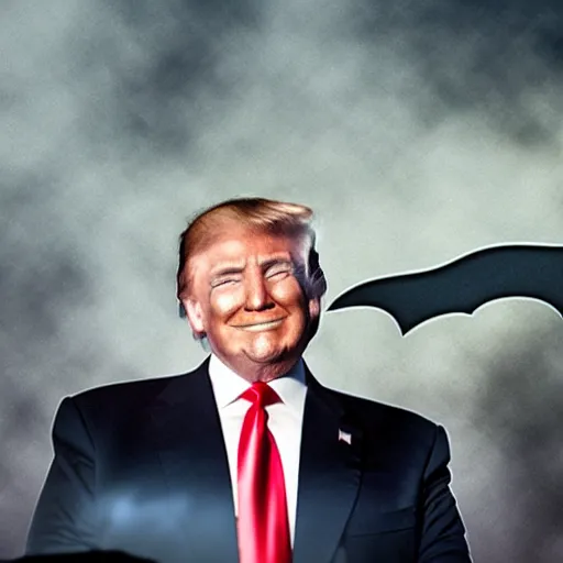 Image similar to still of donald trump as a fat batman. cinematic, god rays through fog