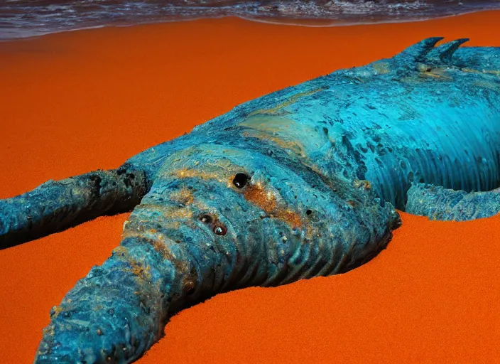 Image similar to an aquatic monster comes out of the sea to die on the orange sand by hagan robert