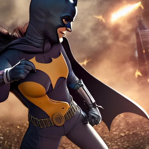 Image similar to batgirl battles lizard people, high detail, photorealistic, movie still, cinematic, dramatic, photography,