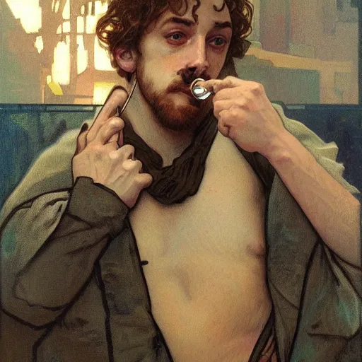 Prompt: Sam Hyde smoking a cigarette, portrait art by alphonse mucha and greg rutkowski, highly detailed, digital painting, concept art, illustration, dim lighting with twilight rays of sunlight, trending on artstation, very detailed, smooth, sharp focus, octane render