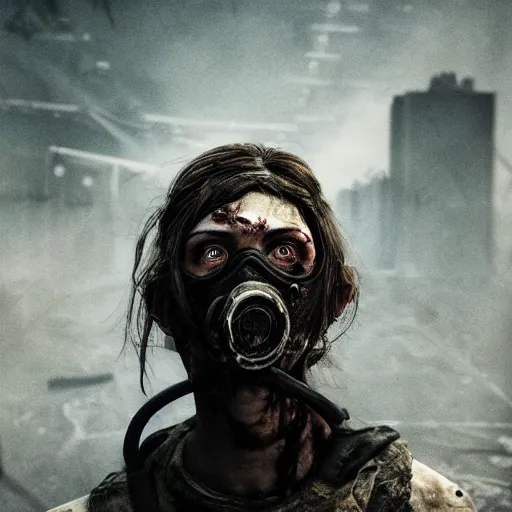 Prompt: post apocalyptic zombie in gasmask, details face, photo, bloody eyes, unreal engine, digital, artstation, detailed body, heavenly atmosphere, digital art, overdetailed art, trending on artstation, cgstudio, the most beautiful image ever created, dramatic, award winning artwork, beautiful scenery