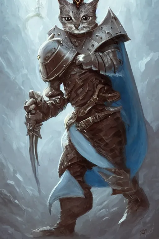 Image similar to cute little anthropomorphic cat knight wearing a cape and a crown, tiny, small, miniature cat , baby animal, short, pale blue armor, cute and adorable, pretty, beautiful, DnD character art portrait, matte fantasy painting, DeviantArt Artstation, by Jason Felix by Steve Argyle by Tyler Jacobson by Peter Mohrbacher, cinematic lighting