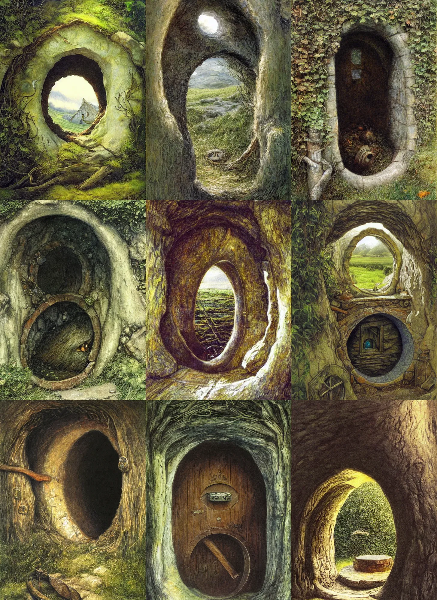 Prompt: a keyhole looking through which we can see the interior of a hobbit hole by alan lee, art station, finely detailed furniture, oil painting