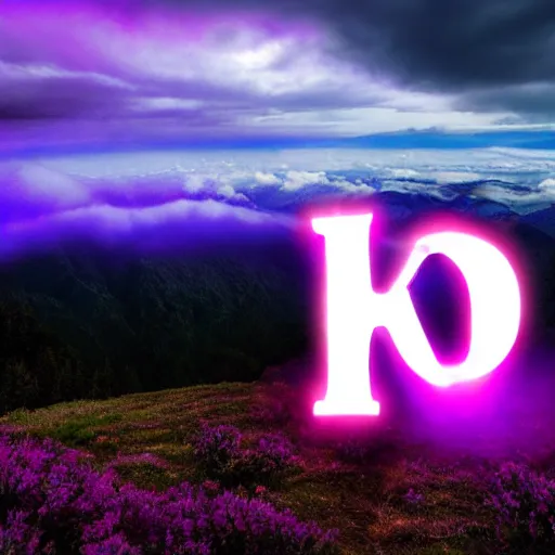 Image similar to glowing letter v on top of a mountain, purple fog and clouds, 8 k, highly detailed,