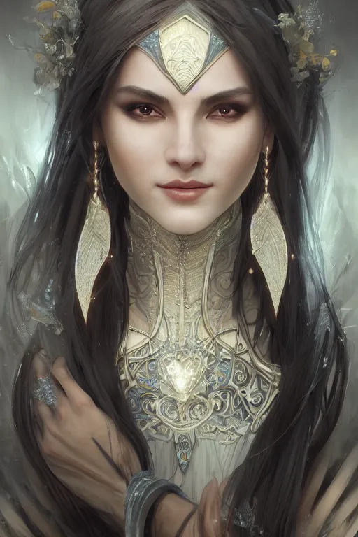 Image similar to !dream Portrait of beautiful smiling Ultra realistic illustration, beautiful alluring female dark elf woman, prioress, fantasy, intricate, elegant, highly detailed, digital painting, artstation, concept art, smooth, sharp focus, illustration, art by Yintion J , Jiang Geping and artgerm and greg rutkowski and alphonse mucha.