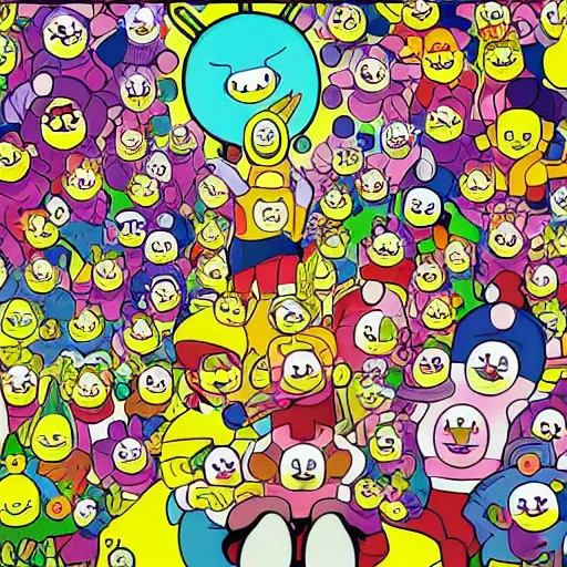 Image similar to survivor on an island full of evil teletubbies, takashi murakami artwork, sinister teletubbies, lsd