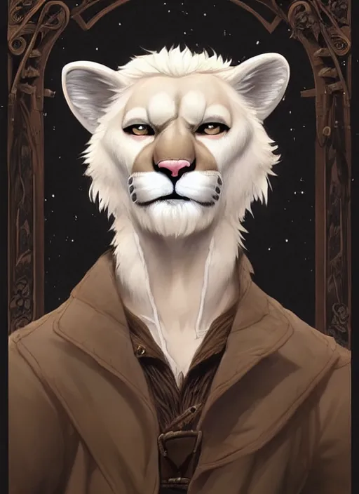 Prompt: beautiful portrait commission of a male furry anthro albino mountain lion wearing old-timey miner's clothes. Atmospheric. Character design by charlie bowater, ross tran, artgerm, and makoto shinkai, detailed, inked, western comic book art