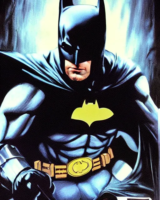 Prompt: batman ben affleck, airbrush, drew struzan illustration art, key art, movie poster