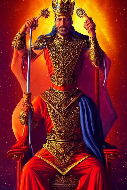 Prompt: the emperor tarot card, the crowned embodiment of male power holding the symbol of his power sits on a lavish red throne ruling with wisdom and care, 8 k resolution digital painting, vibrant colors, in the style of alena aenami and michael whelan, behance hd, trending on artstation deviantart