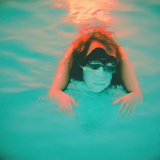 Image similar to colored photography, close-up from behind woman swimming in ocean at night, blue light, 35mm film,