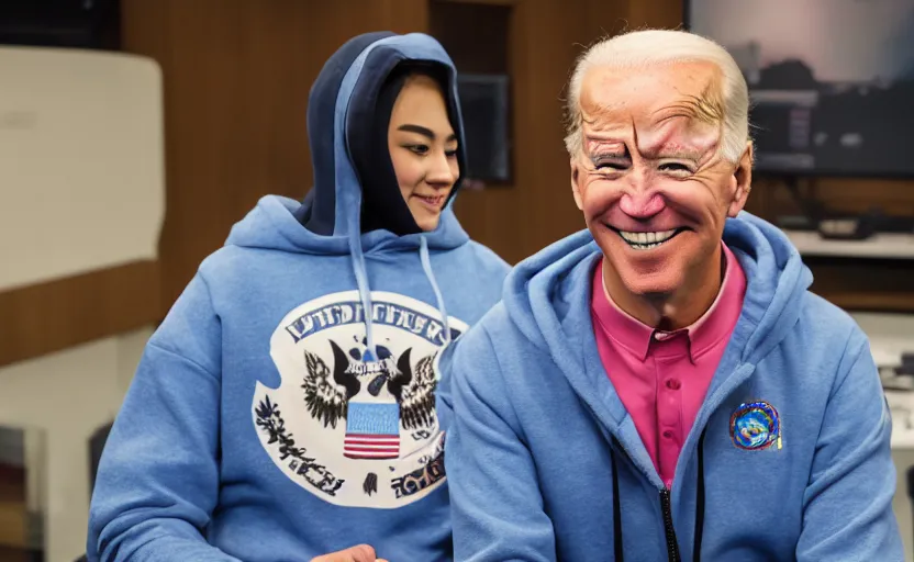 Image similar to a photo of joe biden using a bts k - pop hoodie, ultra detailed, studio photography