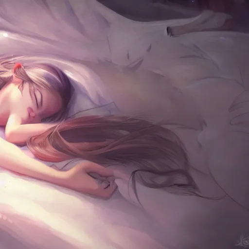 Image similar to a girl with wings sleeping in night,anime,artstation, very detailed