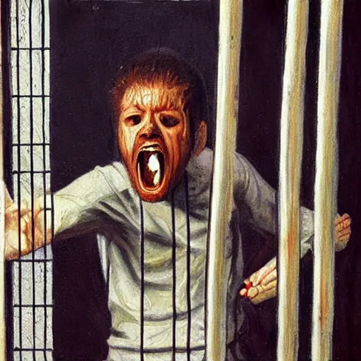 Image similar to a screaming prisoner holding prison bars, realism old painting