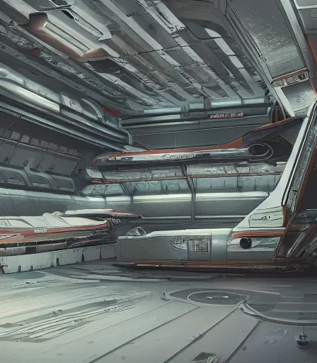 Image similar to highly detailed cyberpunk Spaceship hangar concept art, artstation