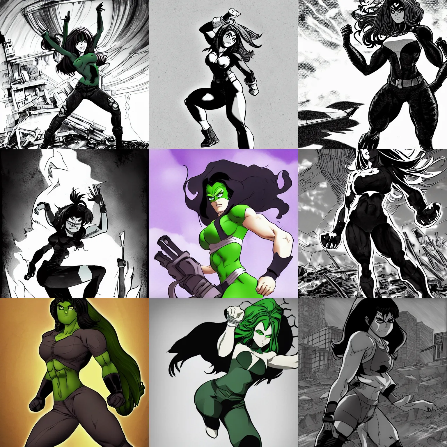 Prompt: she hulk, jojo anime style pencil and ink manga, full body action pose, dramatic lighting in a post apocalyptic wasteland