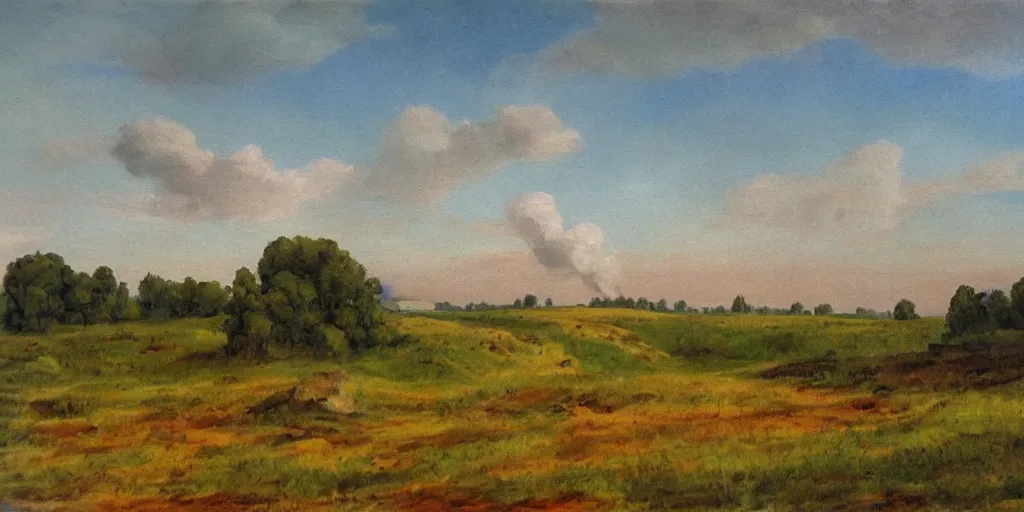 Image similar to an eastern front battlefield landscape, summertime, shell craters, distant smoke column on the horizon, oil painting in the style of peredvizhniki