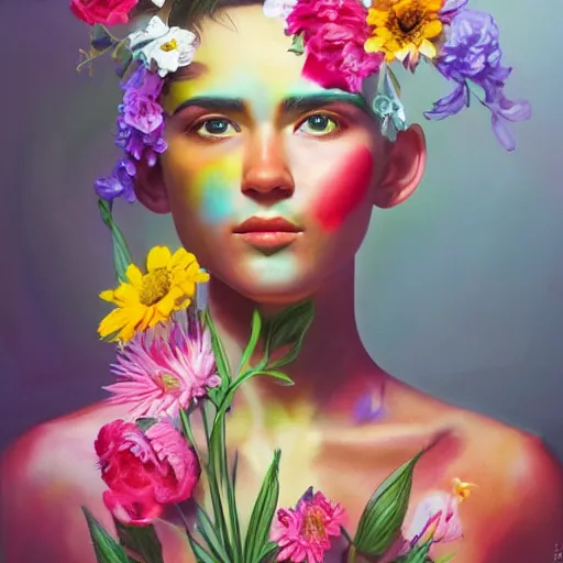 Prompt: super realistic painting of a human combined with flowers, colorful, highly detailed, 4k, trending on artstation