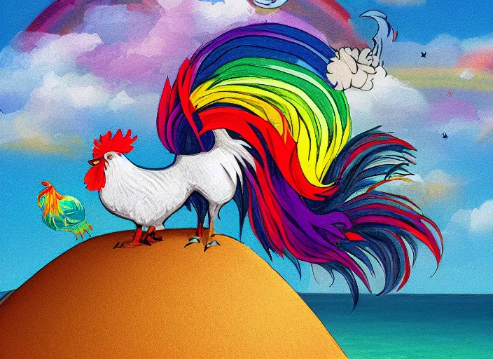 Prompt: A rooster wearing a fedora, standing on top of a unicorn at the beach, with rainbow in the sky