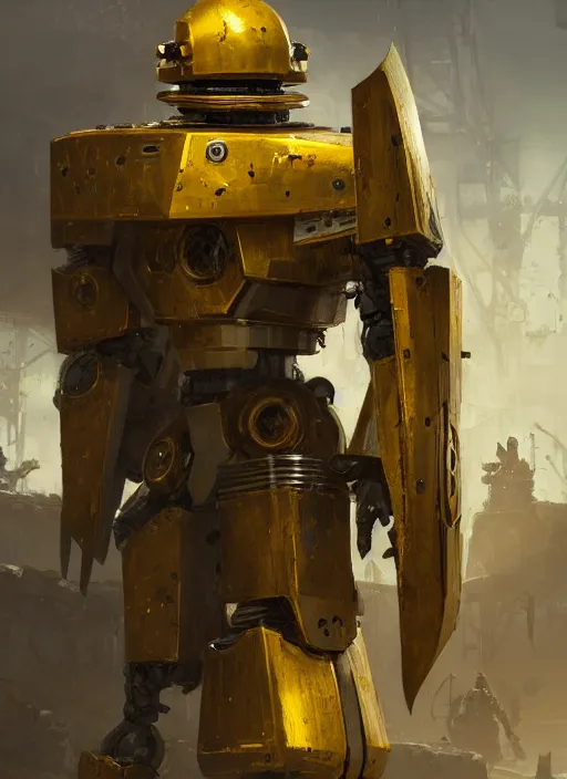 Image similar to human-sized strong intricate yellow pit droid carrying very detailed perfect antique great sword and beautiful large paladin shield, pancake short large head, exposed metal bones, painterly humanoid mecha, slightly far away, by Greg Rutkowski