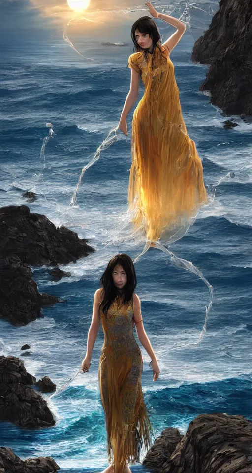 Image similar to ! dream photorealistic long shot of a dark mystical goddess wearing a qipao dress, big sun rough sea and jagged rocks, nets, plastic bottles, garbage, sand and sea, golden hour, ao dai, environmental, fantasy, atmospheric, hyper realistic, artstation, art by artgerm, andres rodriguez and john william waterhouse