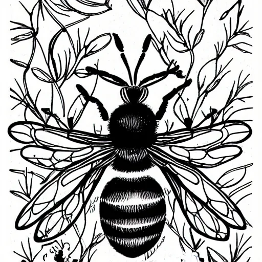Prompt: bee sting elsa princess, black and white, botanical illustration, black ink on white paper, bold lines