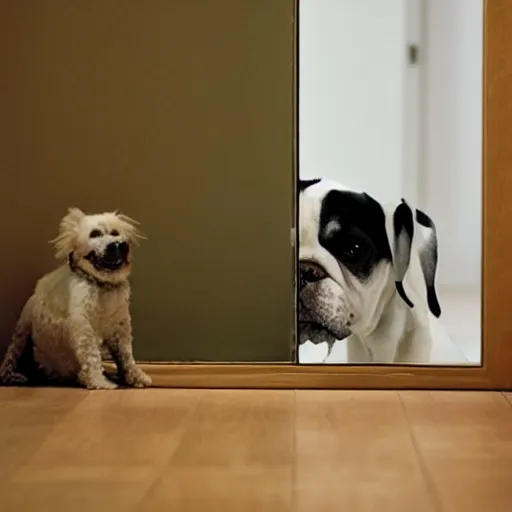 Prompt: a dog looking into the mirror, optical illusion