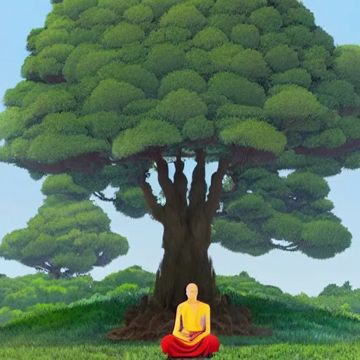 Image similar to Meditating Buddhist monk sat at the base of a large tree on top of a green hill artwork by studio Ghibli