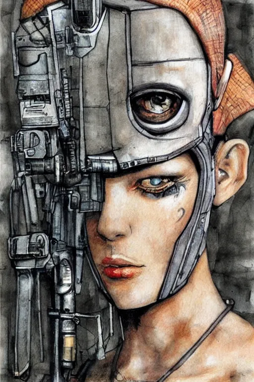 Image similar to portrait fashion model cyborg detective artwork by enki bilal