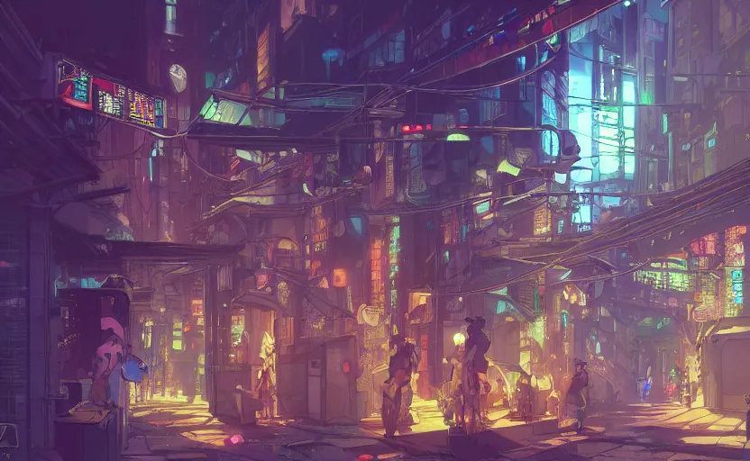 Prompt: a cat society in a cyberpunk city alleyway in a space opera cyberpunk studio ghibli animated film, volumetric lighting, octane render by anime, artgerm, alphonse mucha, loish, alena aenami, highly detailed