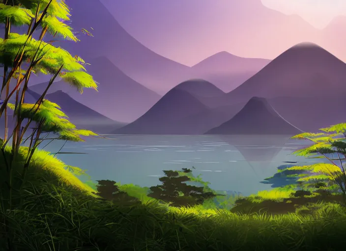 Prompt: misty japanese bamboo forest, lake foreground, large mountain background, sunny, cartoony, stylized anime, sun rays, soft, moody lighting, by hayao miyazaki, ghibli studio, makoto shinkai, toei animation, studio trigger, trending on artstation, 4 k, hd