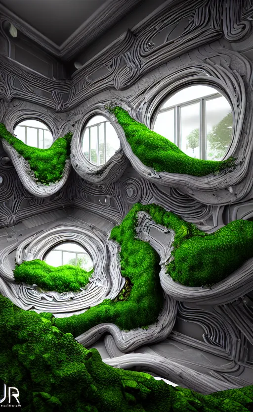 Image similar to highly detailed ultra sharp 3 d render villa interior cinematic composition of a smooth ceramic porcelain biomorphic magnolia stone nebula fluid fractal sci - fi surreal architecture landscape, granite, metallic, magnesium, marble, moss and lichen, vincent callebaut composition, mamou - mani, archviz, beautiful lighting, 8 k, unreal engine, hdr,